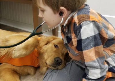 boy checking dog with stethoscope